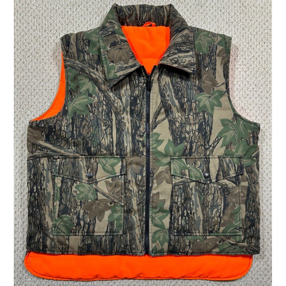 Vtg Winchester Vest Mens L Trebark Camo Blaze Orange Conceal Reversible Puffer